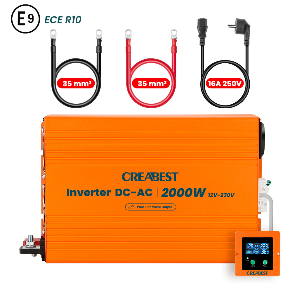 CREABEST Przetwornica 12V 230V 2000W – Czysty Sinus do Kampera (UPS / Priorytet Sieci, RCD, ECE R10)